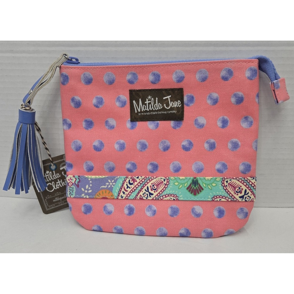Matilda Jane Cosmetic Make Up Travel Pouch Bag Polka Dots Salmon Pink Blue New!